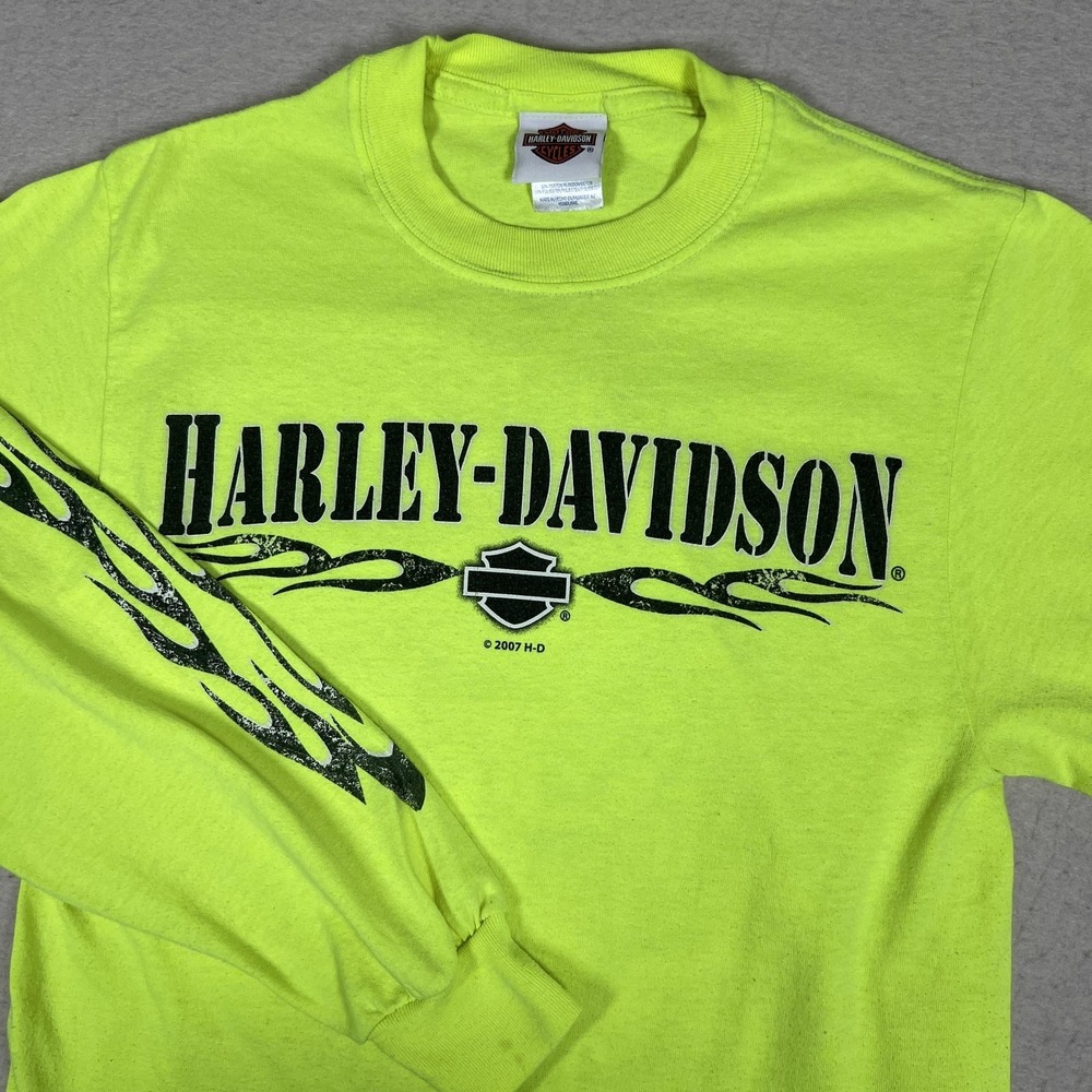 Vintage Harley Davidson Horny Toad Shirt Mens S‎ Neon Yellow Long Sleeve Flame